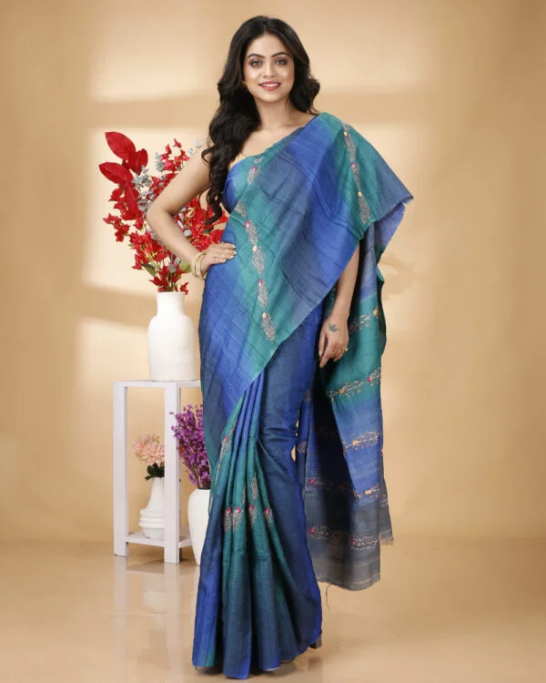 Blue & Green Kantha Embroidery Tussar Saree- CREATION