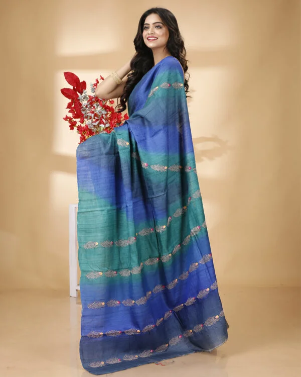 Blue & Green Kantha Embroidery Tussar Saree- CREATION