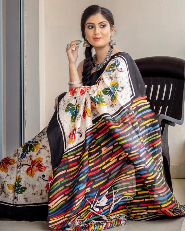 Batik Print Multicolour Silk Saree by Nakshipar