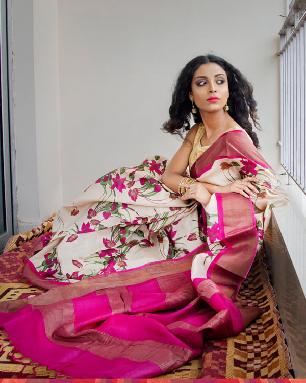 Pink & Off-white Tussar silk saree By Nakshipar