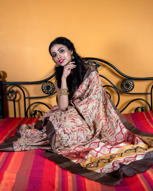 Baige Colour zari par Printed Tussar with allover Kantha Embroidery, Contrast Pallu by Nakshipar