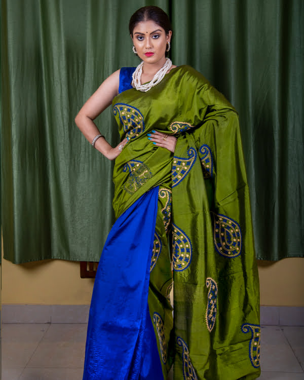 Blue,Green Bishnupur Katan Silk Saree