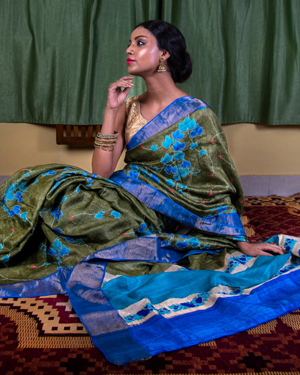 Kantha Embroidery Tussar dirty green floral print saree by Nakshipar