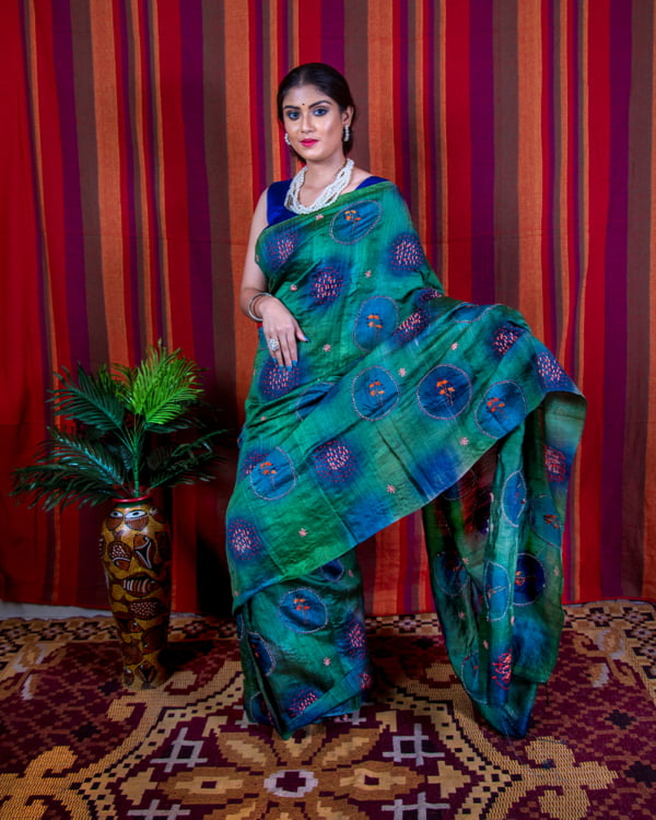 Green,Blue Tussar Embroidery by Nakshipar