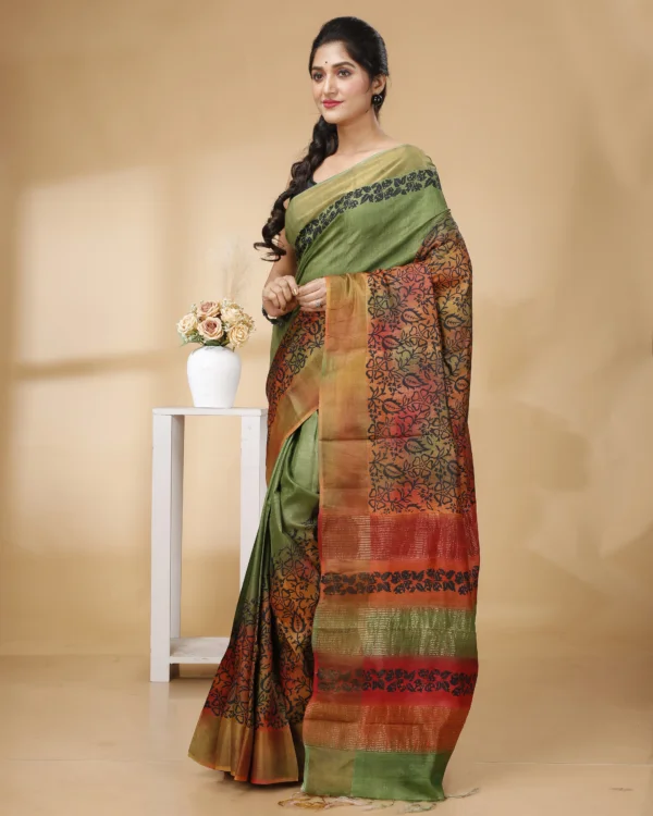 Nakshipar Green & Red Floral Design Zari Border Tussar Saree