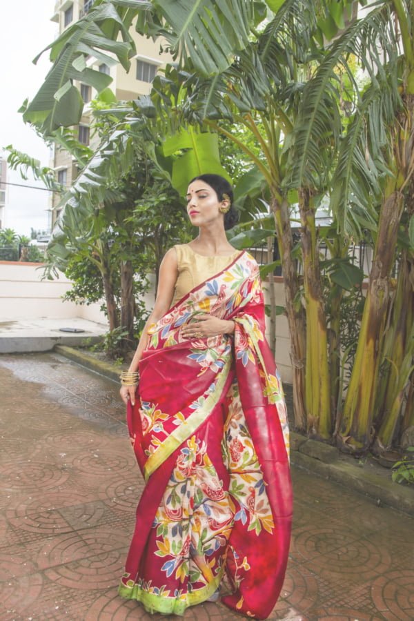 Red Murshidabad Silk with Multicolour Motif Saree