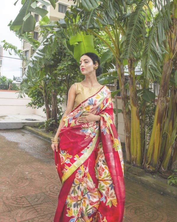Red Murshidabad Silk with Multicolour Motif Saree by Nakshipar