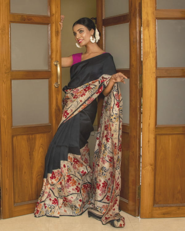 Black Floral Batik Murshidabad Silk Saree by Nakshipar