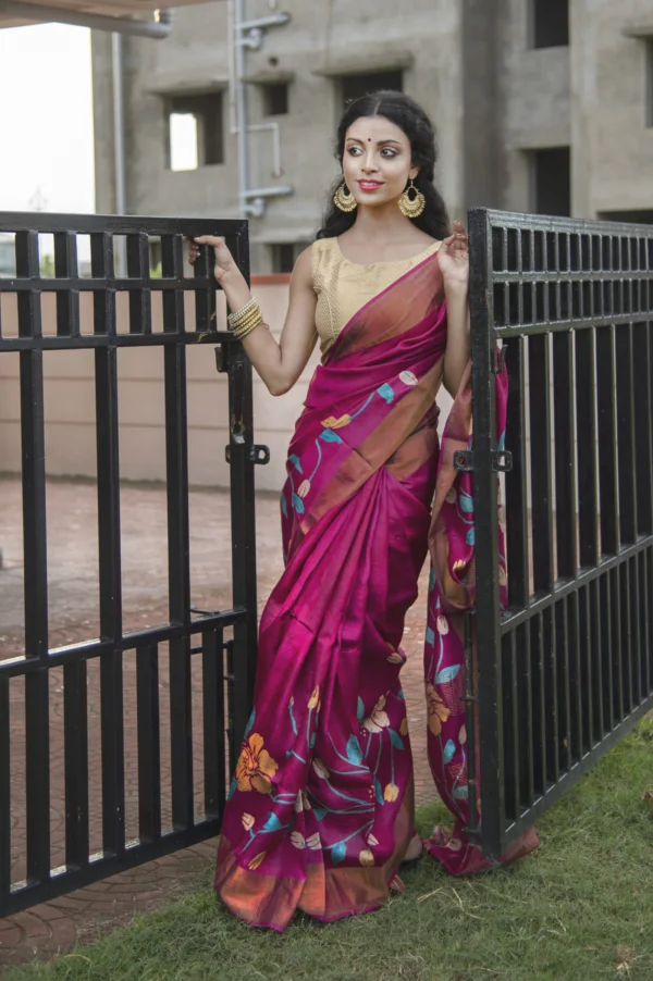 magenta, Tussar with Floral Printed