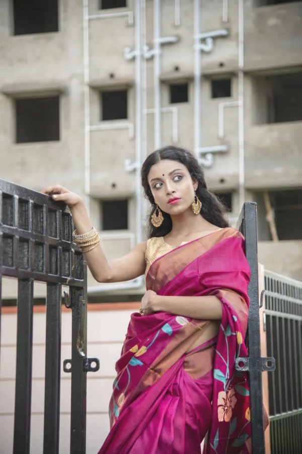 magenta, Tussar with Floral Printed
