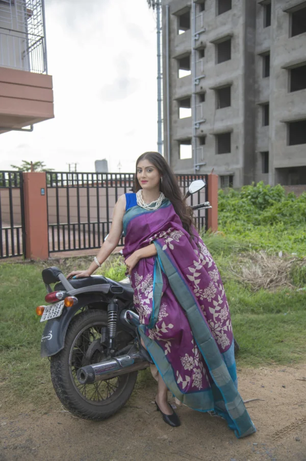 Purple Floral Print Tussar Saree By Nakshipar