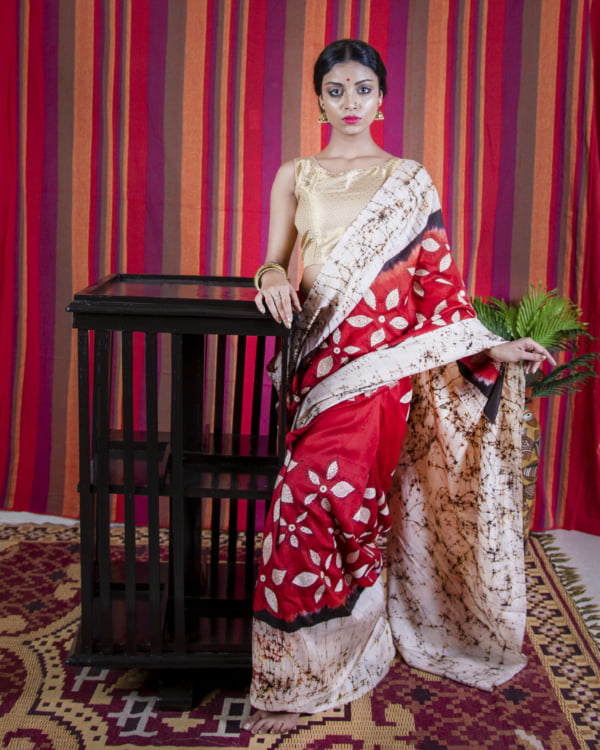 Red Bishnupuri Katan Silk with Batik Prints by Nakshipar