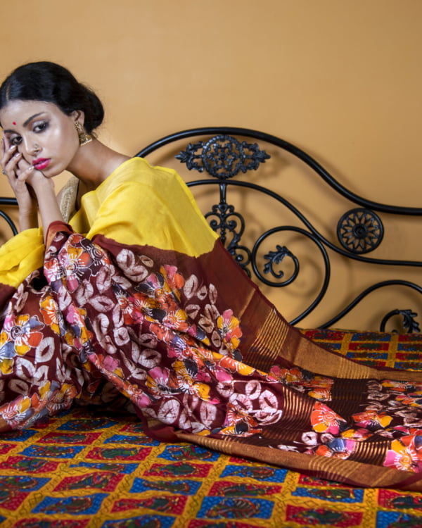 Multicolour Batik Print Yellow chanderi silk saree by Nakshipar