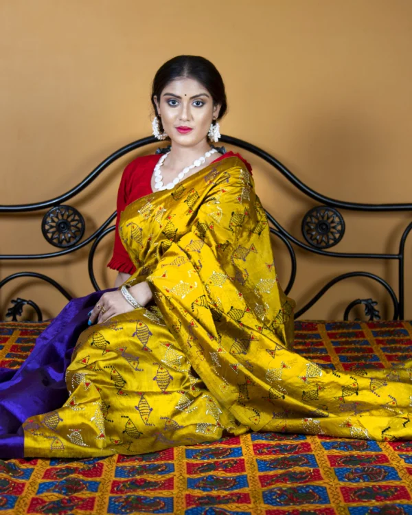Bishnupur Katan Silk Blue & Yellow saree by Nakshipar