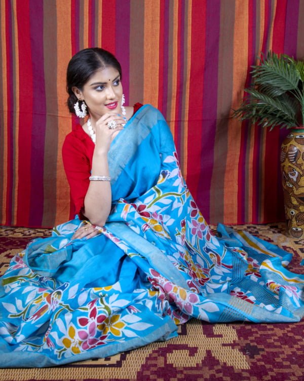 Pacific sky blue Chanderi Silk floral print saree by Nakshipar