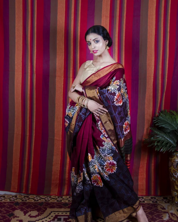 Foral design Dark Maroon Chanderi Batik Silk Saree by Nakshipar