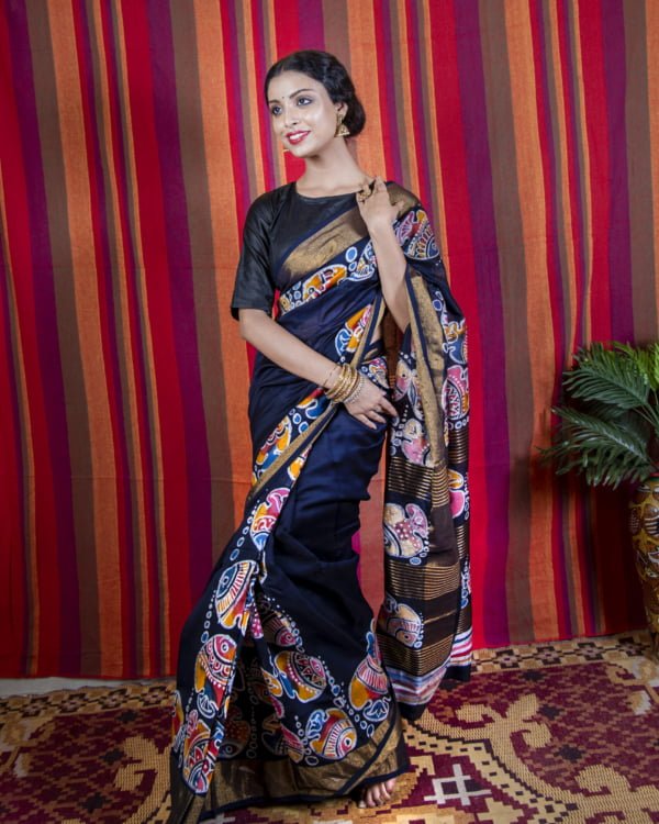 dark deep blue saree with fish print