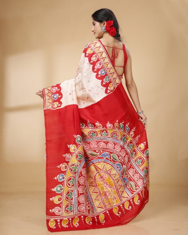 Nakshipar Red Batik Print Border With Crack Patly Pallu Design Saree