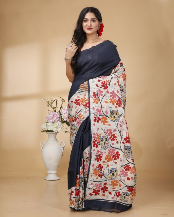 Nakshipar Black Base Multicolour Floral Print on White Batik Murshidabad Silk Saree