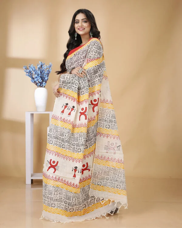 Nakshipar Zari Check printed Cotton saree with worli Applique