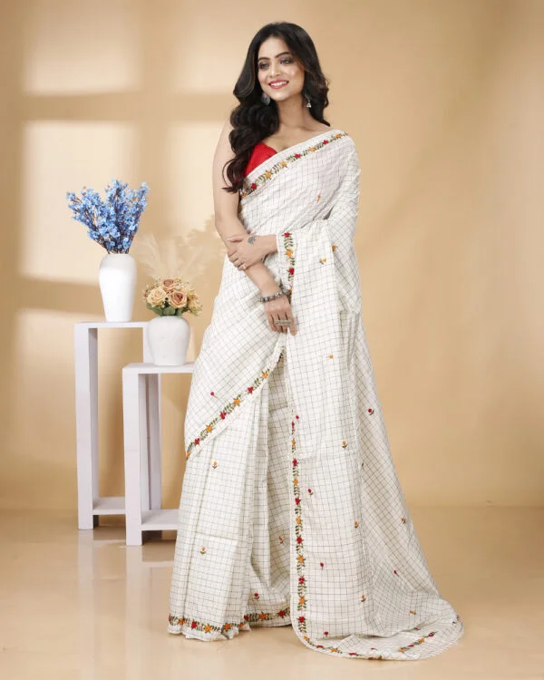 Nakshipar's Off White Check Bishnupur Silk Embroidery Saree