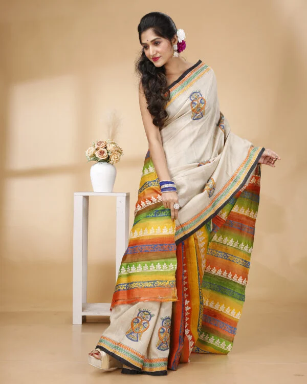 Nakshipar Multicolour Printed Patli Pallu with Owl Motif Hand Embroidery Tussar Saree