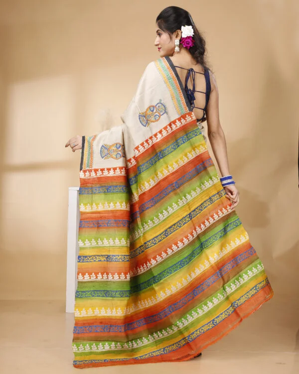 Nakshipar Multicolour Printed Patli Pallu with Owl Motif Hand Embroidery Tussar Saree
