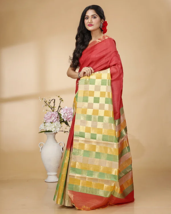 Nakshipar Multicolour weaved Border and Pallu with Red Tussar saree