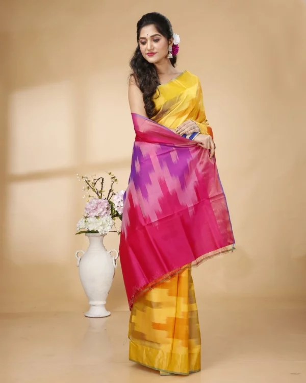 Yellow, Deep Gray, Orange Katki Design Bishnupur Silk With Deep Pink Pallu