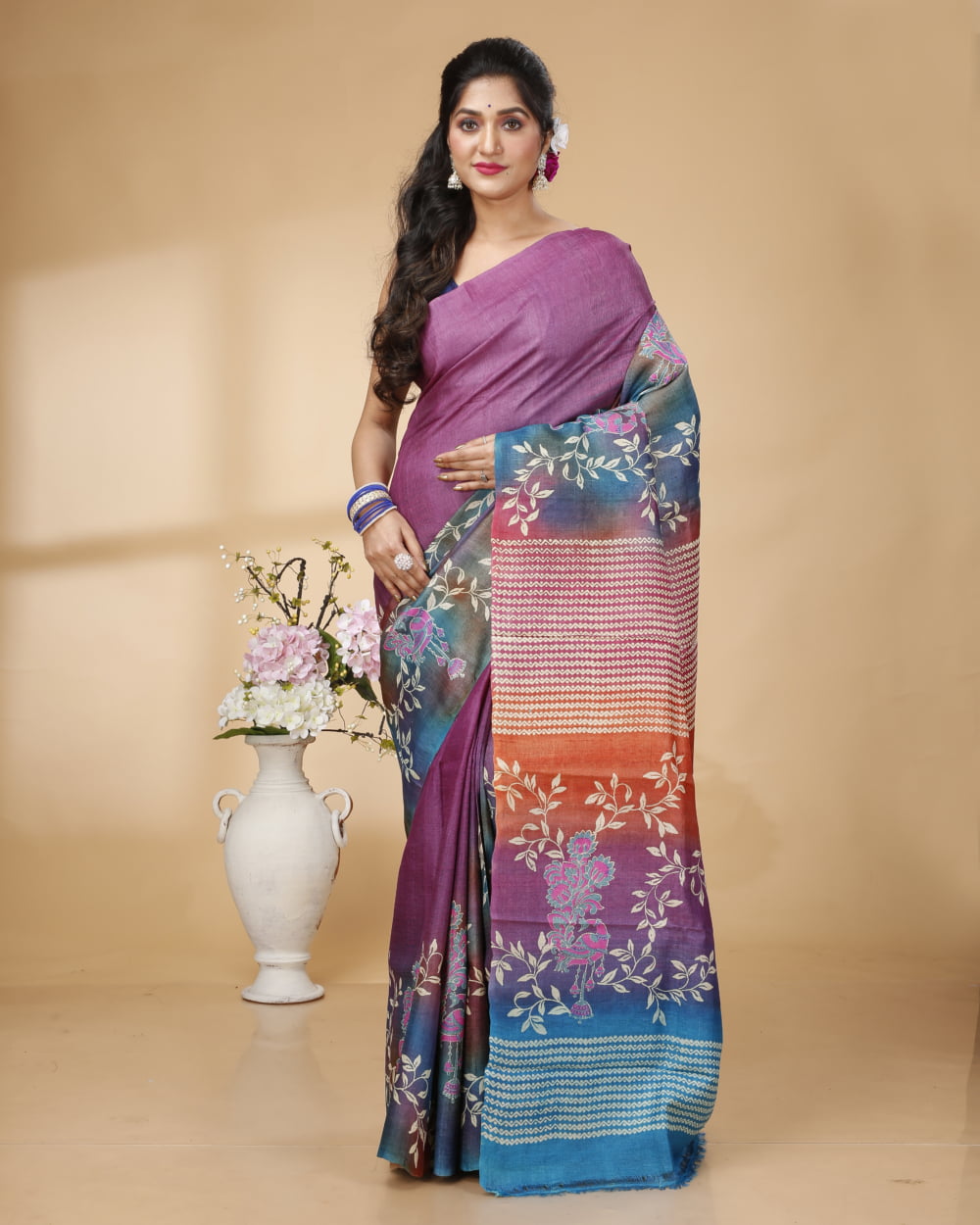Purple With Multi Color Color Bubble Tussar Silk Saree With Different Printed Blouse