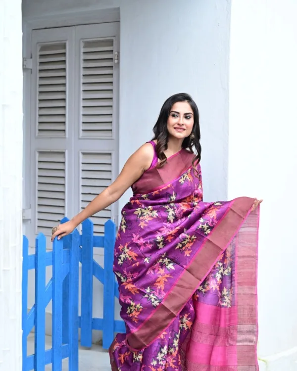 Nakshipar Multicolour Floral Print on Deep Magenta Zari Border Tussar Saree