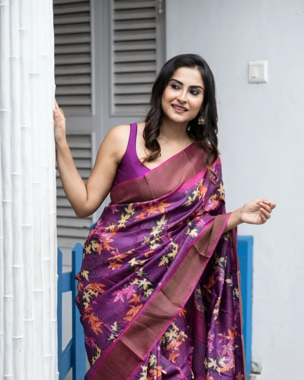 Nakshipar Multicolour Floral Print on Deep Magenta Zari Border Tussar Saree