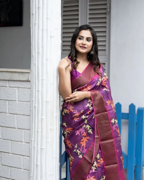 Nakshipar Multicolour Floral Print on Deep Magenta Zari Border Tussar Saree