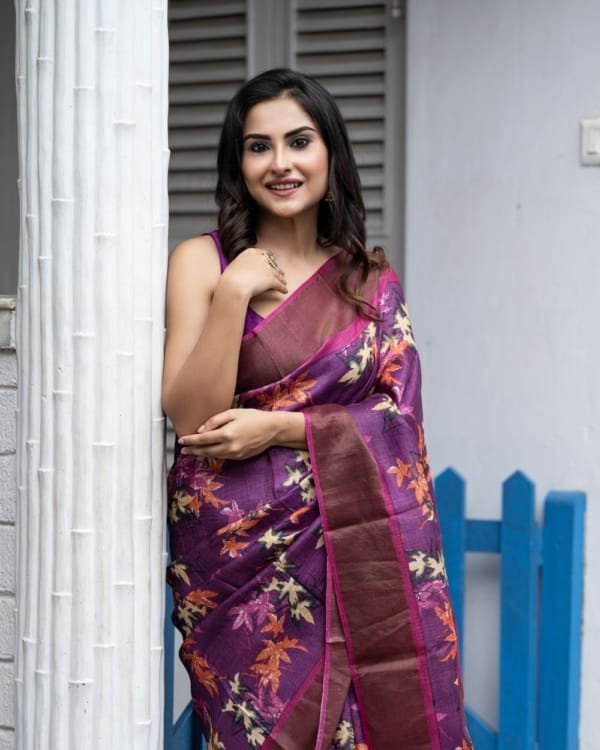 Nakshipar Multicolour Floral Print on Deep Magenta Zari Border Tussar Saree