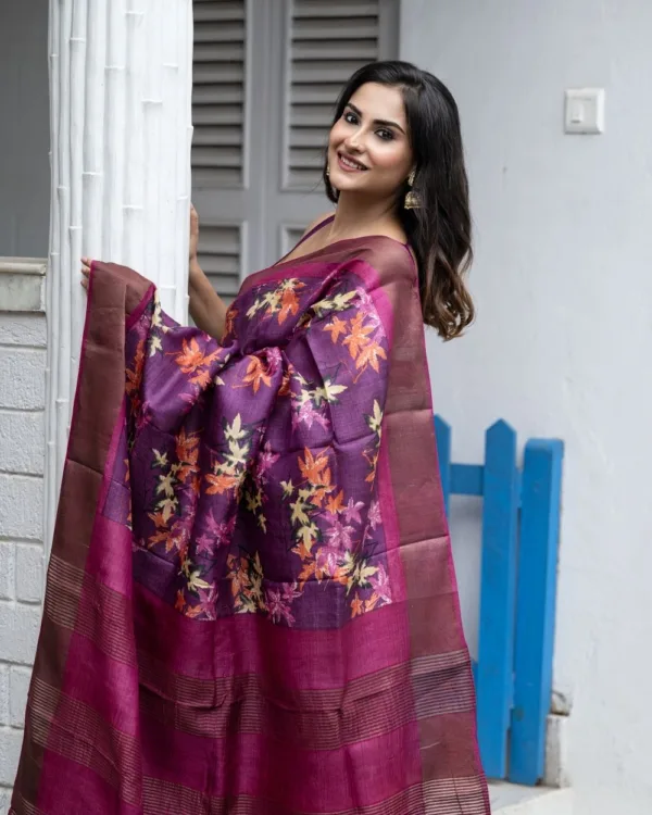 Nakshipar Multicolour Floral Print on Deep Magenta Zari Border Tussar Saree