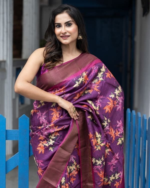 Nakshipar Multicolour Floral Print on Deep Magenta Zari Border Tussar Saree