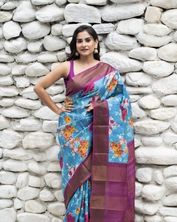 Nakshipar Multicolour Floral Print on Blue Zari Border Tussar Saree