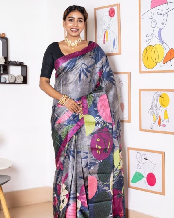 Nakshipar Multicolour Abstract Print on Self Printed Gray Tussar Saree