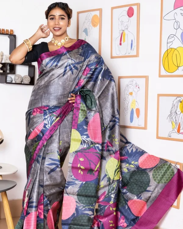 Nakshipar Multicolour Abstract Print on Self Printed Gray Tussar Saree