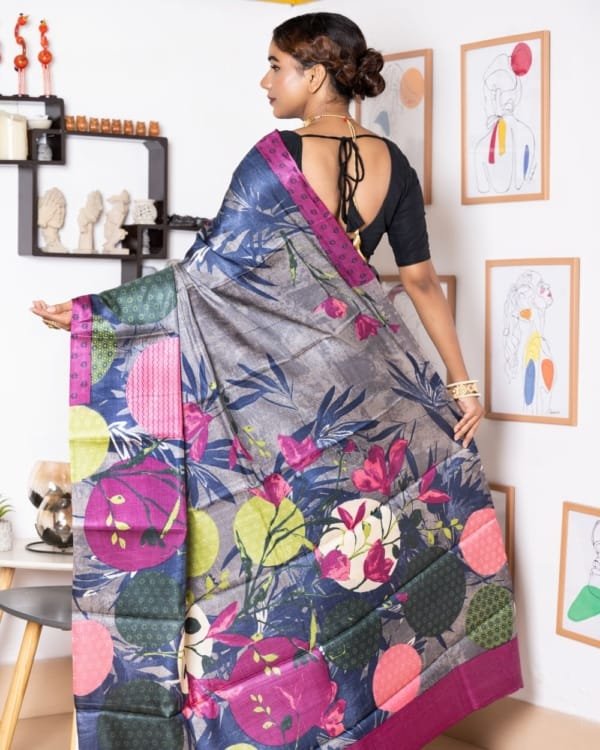 Nakshipar Multicolour Abstract Print on Self Printed Gray Tussar Saree