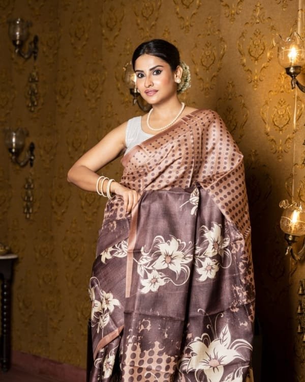 Nakshipar Off White Floral Print on Deep Brown Tussar Saree