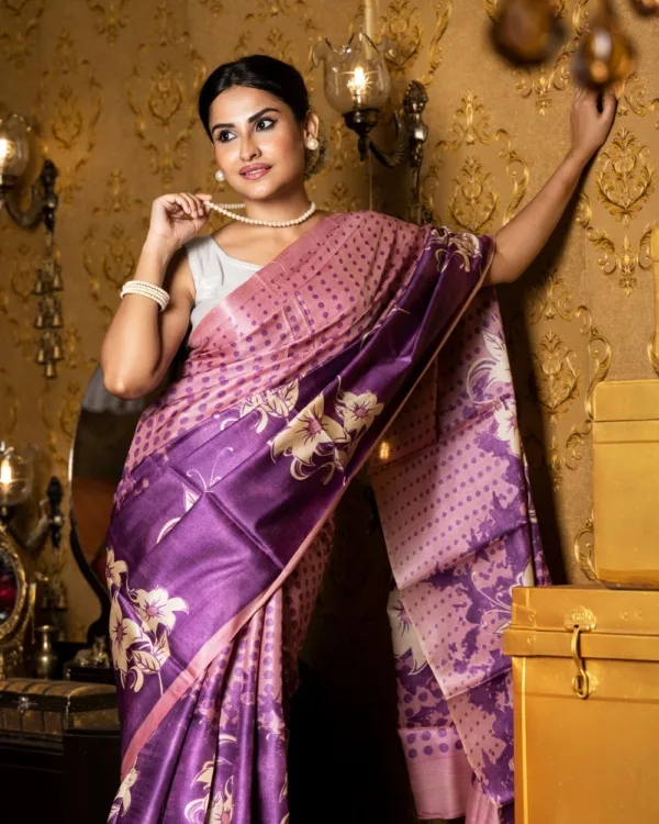 Nakshipar Off white Floral Print on Magenta Tussar Saree