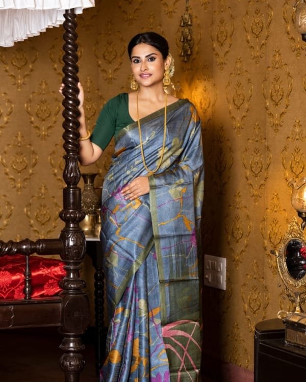 Nakshipar Sky Blue, Occur Yellow and Magenta print on Deep Gray Tussar saree