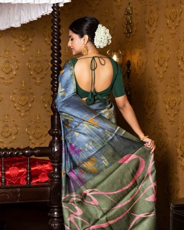 Nakshipar Sky Blue, Occur Yellow and Magenta print on Deep Gray Tussar saree