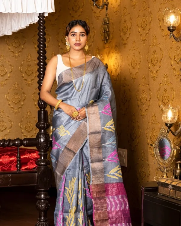 Nakshipar Yellow, Pink & Blue print on Gray Zari Border Tussar Saree