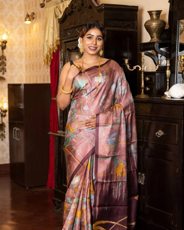 Nakshipar Green and Occur Yellow Floral on Self printed Brown Tussar Saree