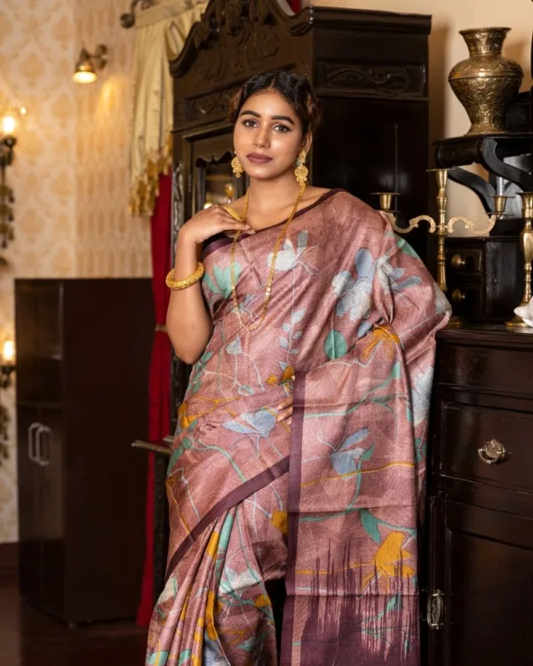 Nakshipar Green and Occur Yellow Floral on Self printed Brown Tussar Saree