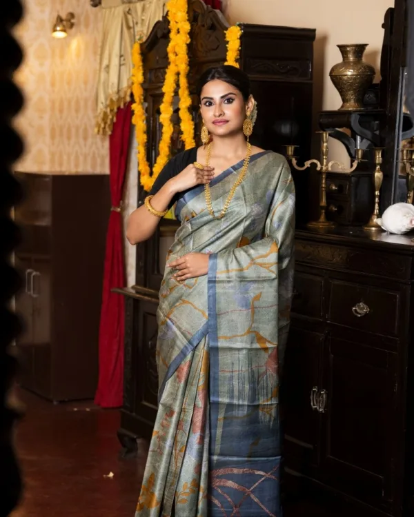 Nakshipar Occur Yellow, Brown and Blue Floral on self Printed Gray Tussar Saree