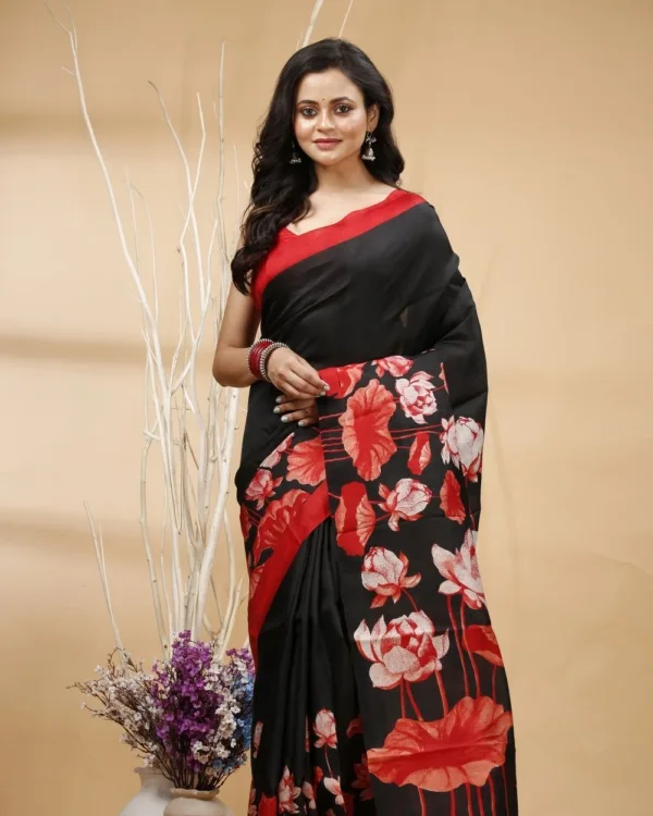 Nakshipar's Red Lotus Print on Black Tussar Saree