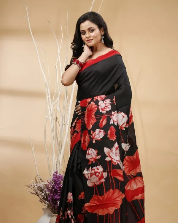 Nakshipar's Red Lotus Print on Black Tussar Saree